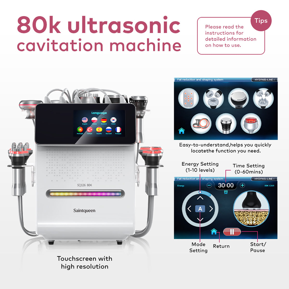SQ126A Max — аппарат кавитации 80K и RF, 11 в 1 с лазерными панелями