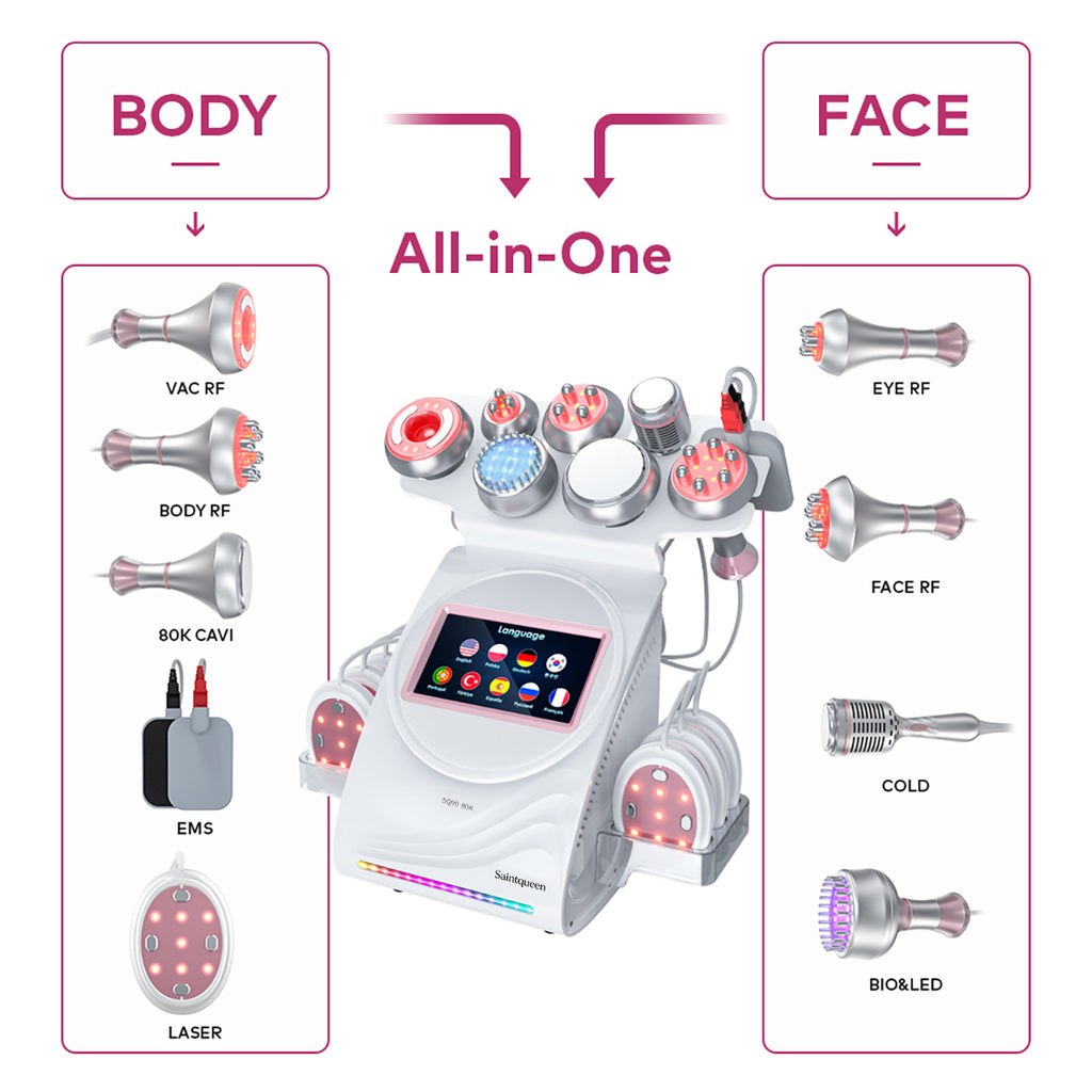 SQ90E Plus — аппарат кавитации 80K и RF, 9 в 1 с лазерными и микротоковыми панелями