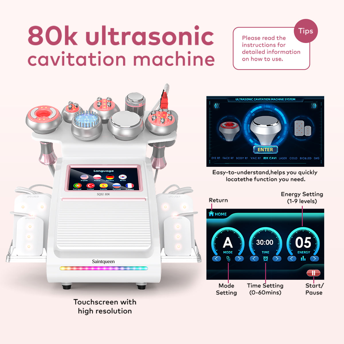 SQ92D Plus — аппарат кавитации 80K и RF, 9 в 1 с лазерными панелями