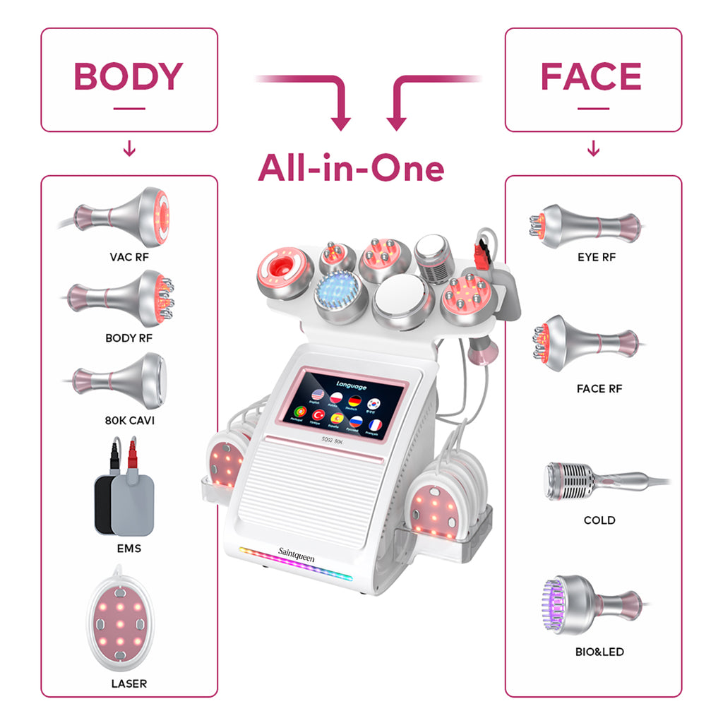 SQ92E Plus — аппарат кавитации 80K и RF, 9 в 1 с лазерными и микротоковыми панелями