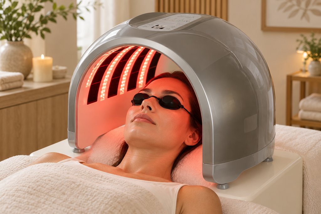 Жёсткая изогнутая LED-панель SQ3 во время ухода за лицом с защитными очками